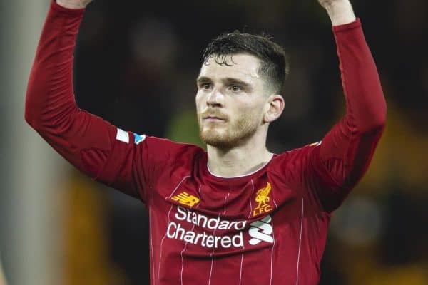 NORWICH, ENGLAND - Saturday, February 15, 2020: Liverpool's Andy Robertson celebrates after the FA Premier League match between Norwich City FC and Liverpool FC at Carrow Road. Liverpool won 1-0. (Pic by David Rawcliffe/Propaganda)