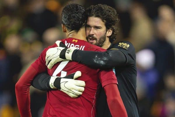 NORWICH, ENGLAND - Saturday, February 15, 2020: Liverpool's goalkeeper Alisson Becker (R) celebrates with Virgil van Dijk after the FA Premier League match between Norwich City FC and Liverpool FC at Carrow Road. Liverpool won 1-0. (Pic by David Rawcliffe/Propaganda)