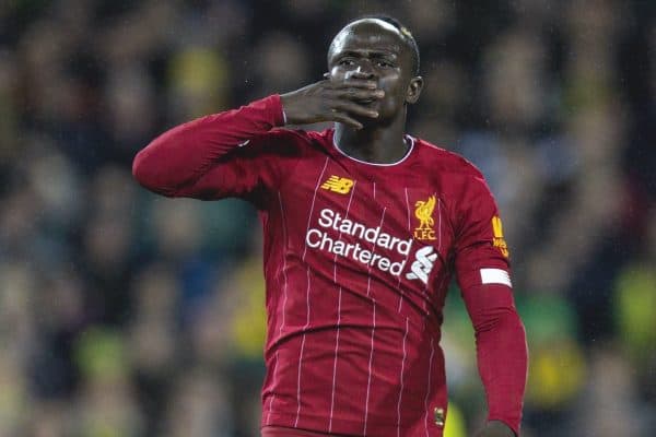 NORWICH, ENGLAND - Saturday, February 15, 2020: Liverpool's Sadio Mané celebrates scoring the only goal of the game during the FA Premier League match between Norwich City FC and Liverpool FC at Carrow Road. Liverpool won 1-0. (Pic by David Rawcliffe/Propaganda)