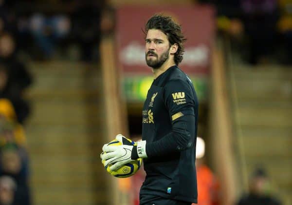 NORWICH, ENGLAND - Saturday, February 15, 2020: Liverpool's goalkeeper Alisson Becker during the FA Premier League match between Norwich City FC and Liverpool FC at Carrow Road. (Pic by David Rawcliffe/Propaganda)