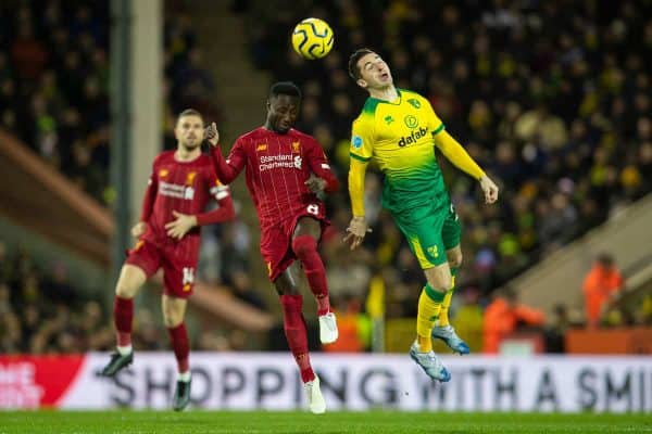 NORWICH, ENGLAND - Saturday, February 15, 2020: Liverpool's Naby Keita (L) challenges for a header with Norwich City's Kenny McLean during the FA Premier League match between Norwich City FC and Liverpool FC at Carrow Road. (Pic by David Rawcliffe/Propaganda)