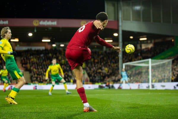 NORWICH, ENGLAND - Saturday, February 15, 2020: Liverpool's Trent Alexander-Arnold crosses the ball during the FA Premier League match between Norwich City FC and Liverpool FC at Carrow Road. (Pic by David Rawcliffe/Propaganda)