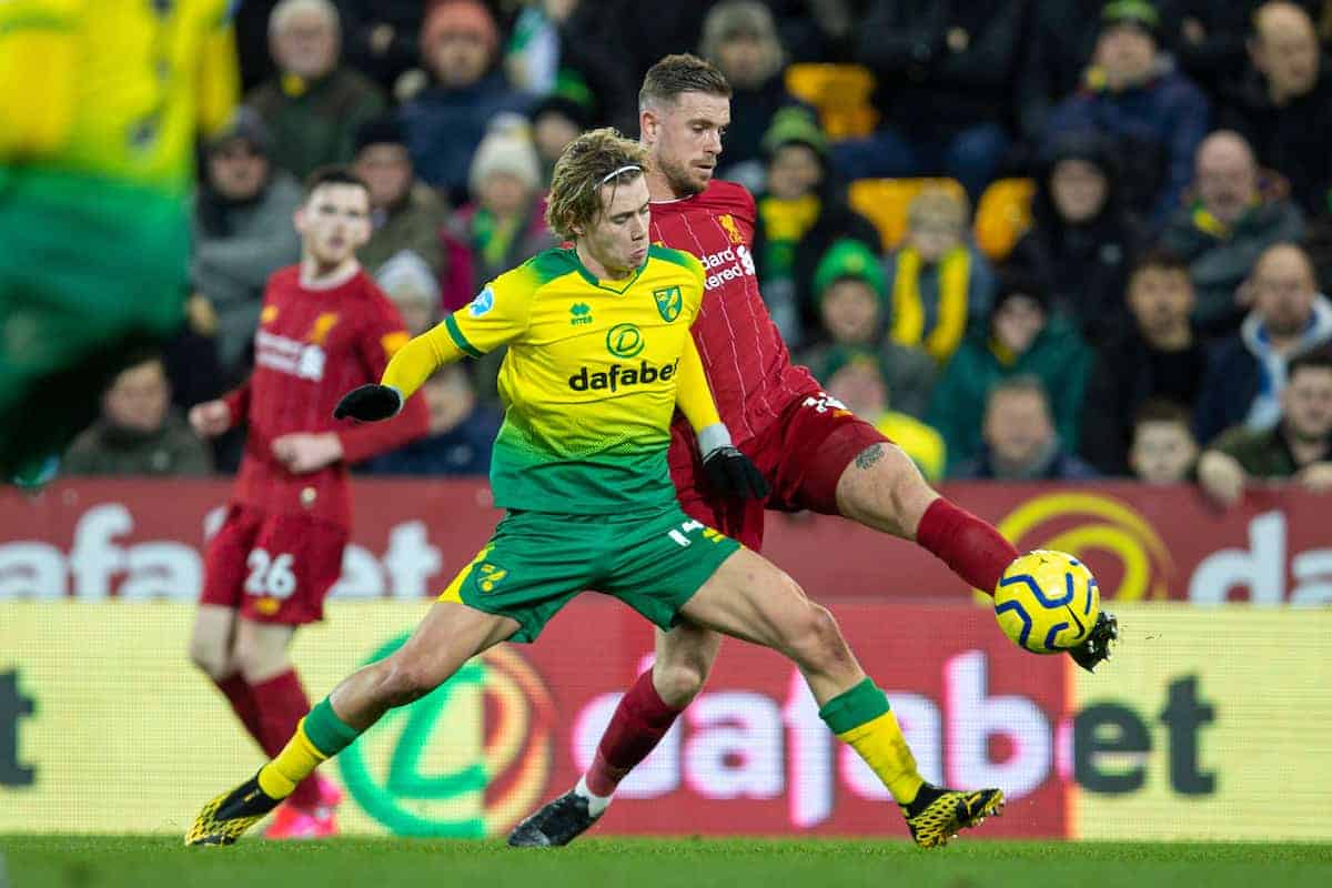 NORWICH, ENGLAND - Saturday, February 15, 2020: Liverpool's captain Jordan Henderson (R) and Norwich City's Todd Cantwell during the FA Premier League match between Norwich City FC and Liverpool FC at Carrow Road. (Pic by David Rawcliffe/Propaganda)