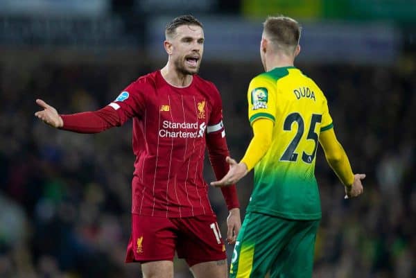 NORWICH, ENGLAND - Saturday, February 15, 2020: Liverpool's captain Jordan Henderson (L) with Norwich City's Ondrej Duda during the FA Premier League match between Norwich City FC and Liverpool FC at Carrow Road. (Pic by David Rawcliffe/Propaganda)