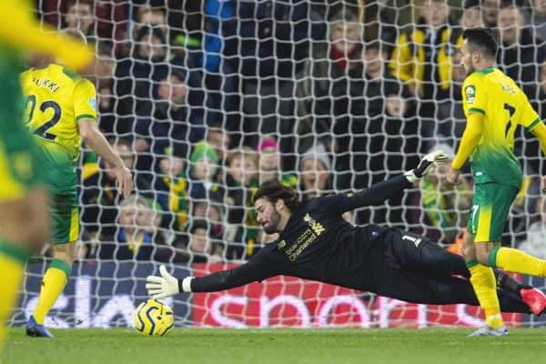 NORWICH, ENGLAND - Saturday, February 15, 2020: Liverpool's goalkeeper Alisson Becker makes a save during the FA Premier League match between Norwich City FC and Liverpool FC at Carrow Road. (Pic by David Rawcliffe/Propaganda)