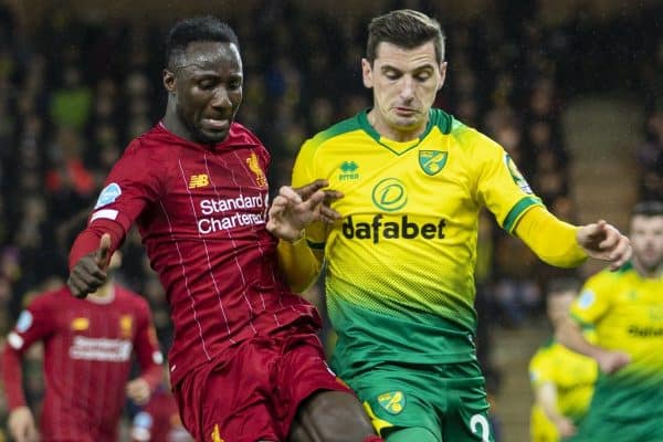 NORWICH, ENGLAND - Saturday, February 15, 2020: Liverpool's Naby Keita (L) and Norwich City's Kenny McLean during the FA Premier League match between Norwich City FC and Liverpool FC at Carrow Road. (Pic by David Rawcliffe/Propaganda)