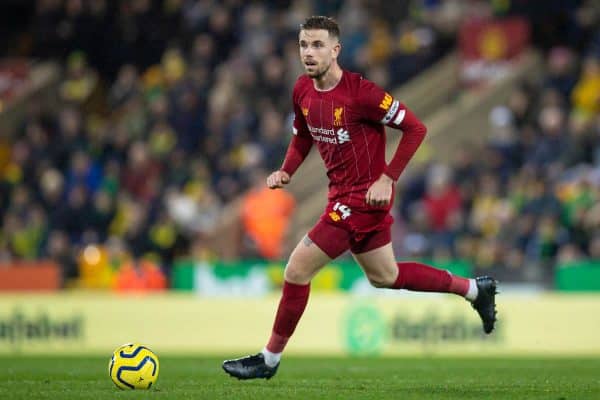 NORWICH, ENGLAND - Saturday, February 15, 2020: Liverpool's captain Jordan Henderson during the FA Premier League match between Norwich City FC and Liverpool FC at Carrow Road. (Pic by David Rawcliffe/Propaganda)