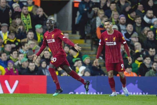 NORWICH, ENGLAND - Saturday, February 15, 2020: Liverpool's Sadio Mané celebrates scoring the first goal during the FA Premier League match between Norwich City FC and Liverpool FC at Carrow Road. (Pic by David Rawcliffe/Propaganda)