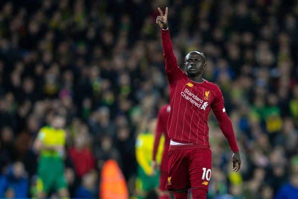 NORWICH, ENGLAND - Saturday, February 15, 2020: Liverpool's Sadio Mané celebrates scoring the first goal during the FA Premier League match between Norwich City FC and Liverpool FC at Carrow Road. (Pic by David Rawcliffe/Propaganda)