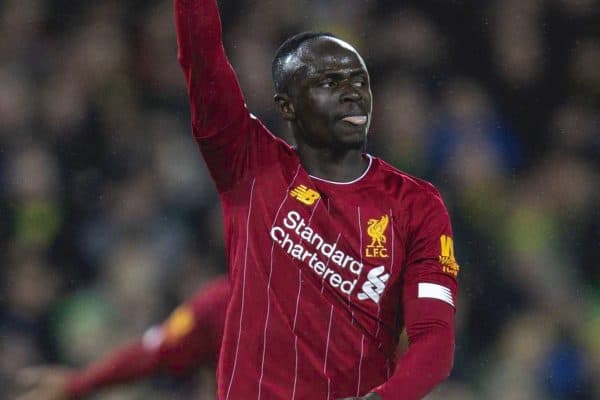 NORWICH, ENGLAND - Saturday, February 15, 2020: Liverpool's Sadio Mané celebrates scoring the first goal during the FA Premier League match between Norwich City FC and Liverpool FC at Carrow Road. (Pic by David Rawcliffe/Propaganda)