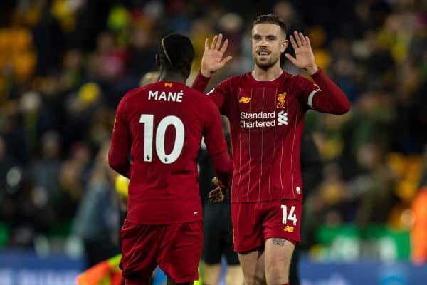 NORWICH, ENGLAND - Saturday, February 15, 2020: Liverpool's captain Jordan Henderson celebrates after the FA Premier League match between Norwich City FC and Liverpool FC at Carrow Road. Liverpool won 1-0. (Pic by David Rawcliffe/Propaganda)