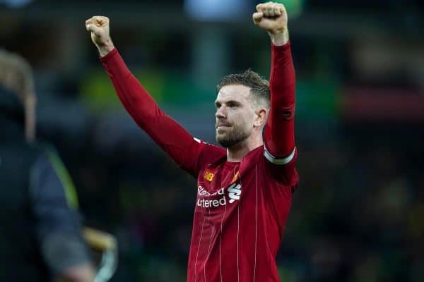 NORWICH, ENGLAND - Saturday, February 15, 2020: Liverpool's captain Jordan Henderson celebrates after the FA Premier League match between Norwich City FC and Liverpool FC at Carrow Road. Liverpool won 1-0. (Pic by David Rawcliffe/Propaganda)