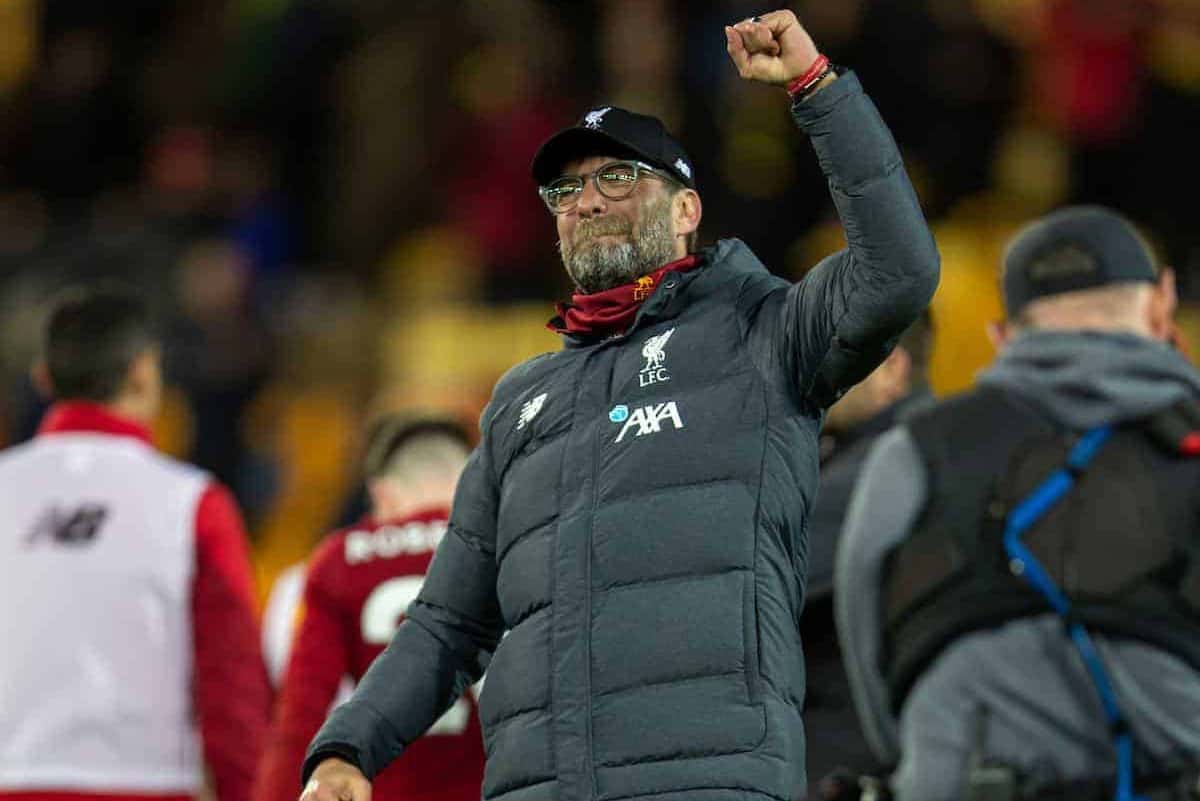 NORWICH, ENGLAND - Saturday, February 15, 2020: Liverpool's manager Jürgen Klopp celebrates after the FA Premier League match between Norwich City FC and Liverpool FC at Carrow Road. Liverpool won 1-0. (Pic by David Rawcliffe/Propaganda)