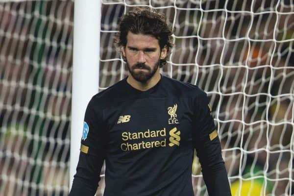 NORWICH, ENGLAND - Saturday, February 15, 2020: Liverpool's goalkeeper Alisson Becker during the FA Premier League match between Norwich City FC and Liverpool FC at Carrow Road. (Pic by David Rawcliffe/Propaganda)