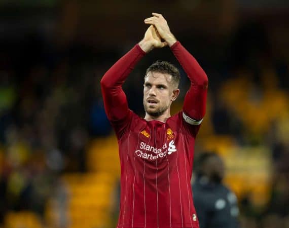 NORWICH, ENGLAND - Saturday, February 15, 2020: Liverpool's captain Jordan Henderson celebrates after the FA Premier League match between Norwich City FC and Liverpool FC at Carrow Road. Liverpool won 1-0. (Pic by David Rawcliffe/Propaganda)