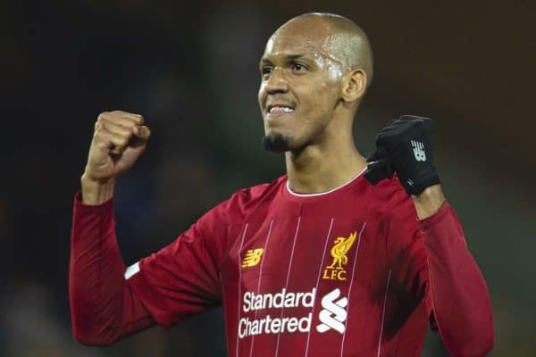 NORWICH, ENGLAND - Saturday, February 15, 2020: Liverpool's Fabio Henrique Tavares 'Fabinho' celebrates after the FA Premier League match between Norwich City FC and Liverpool FC at Carrow Road. Liverpool won 1-0. (Pic by David Rawcliffe/Propaganda)