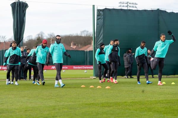 LIVERPOOL, ENGLAND - Monday, February 17, 2020: Liverpool players during a training session at Melwood Training Ground ahead of the UEFA Champions League Round of 16 1st Leg match between Club Atlético de Madrid and Liverpool FC. (Pic by Paul Greenwood/Propaganda) Virgil van Dijk, Fabio Henrique Tavares 'Fabinho’, Roberto Firmino, Joe Gomez, Georginio Wijnaldum