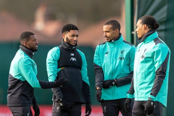 LIVERPOOL, ENGLAND - Monday, February 17, 2020: Liverpool's Georginio Wijnaldum, Joe Gomez, Joel Matip and Virgil van Dijk during a training session at Melwood Training Ground ahead of the UEFA Champions League Round of 16 1st Leg match between Club Atlético de Madrid and Liverpool FC. (Pic by Paul Greenwood/Propaganda)