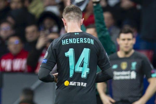 MADRID, SPAIN - Tuesday, February 18, 2020: Liverpool's captain Jordan Henderson goes off injured during the UEFA Champions League Round of 16 1st Leg match between Club Atlético de Madrid and Liverpool FC at the Estadio Metropolitano. (Pic by David Rawcliffe/Propaganda)