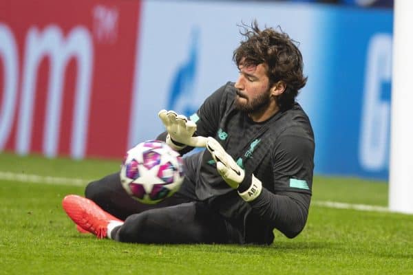 MADRID, SPAIN - Tuesday, February 18, 2020: Liverpool's goalkeeper Alisson Becker during the pre-match warm-up before the UEFA Champions League Round of 16 1st Leg match between Club Atlético de Madrid and Liverpool FC at the Estadio Metropolitano. (Pic by David Rawcliffe/Propaganda)