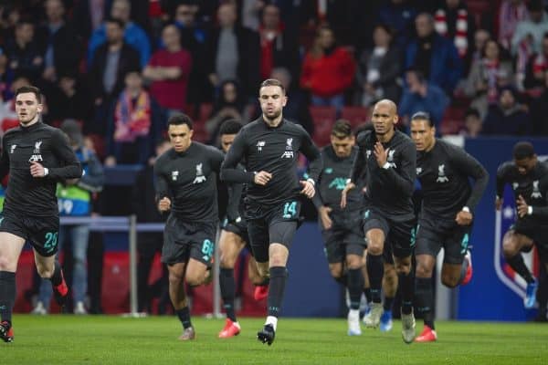 MADRID, SPAIN - Tuesday, February 18, 2020: Liverpool's captain Jordan Henderson during the pre-match warm-up before the UEFA Champions League Round of 16 1st Leg match between Club Atlético de Madrid and Liverpool FC at the Estadio Metropolitano. (Pic by David Rawcliffe/Propaganda)