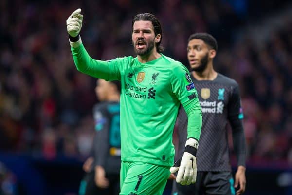 MADRID, SPAIN - Tuesday, February 18, 2020: Liverpool's goalkeeper Alisson Becker during the UEFA Champions League Round of 16 1st Leg match between Club Atlético de Madrid and Liverpool FC at the Estadio Metropolitano. (Pic by David Rawcliffe/Propaganda)