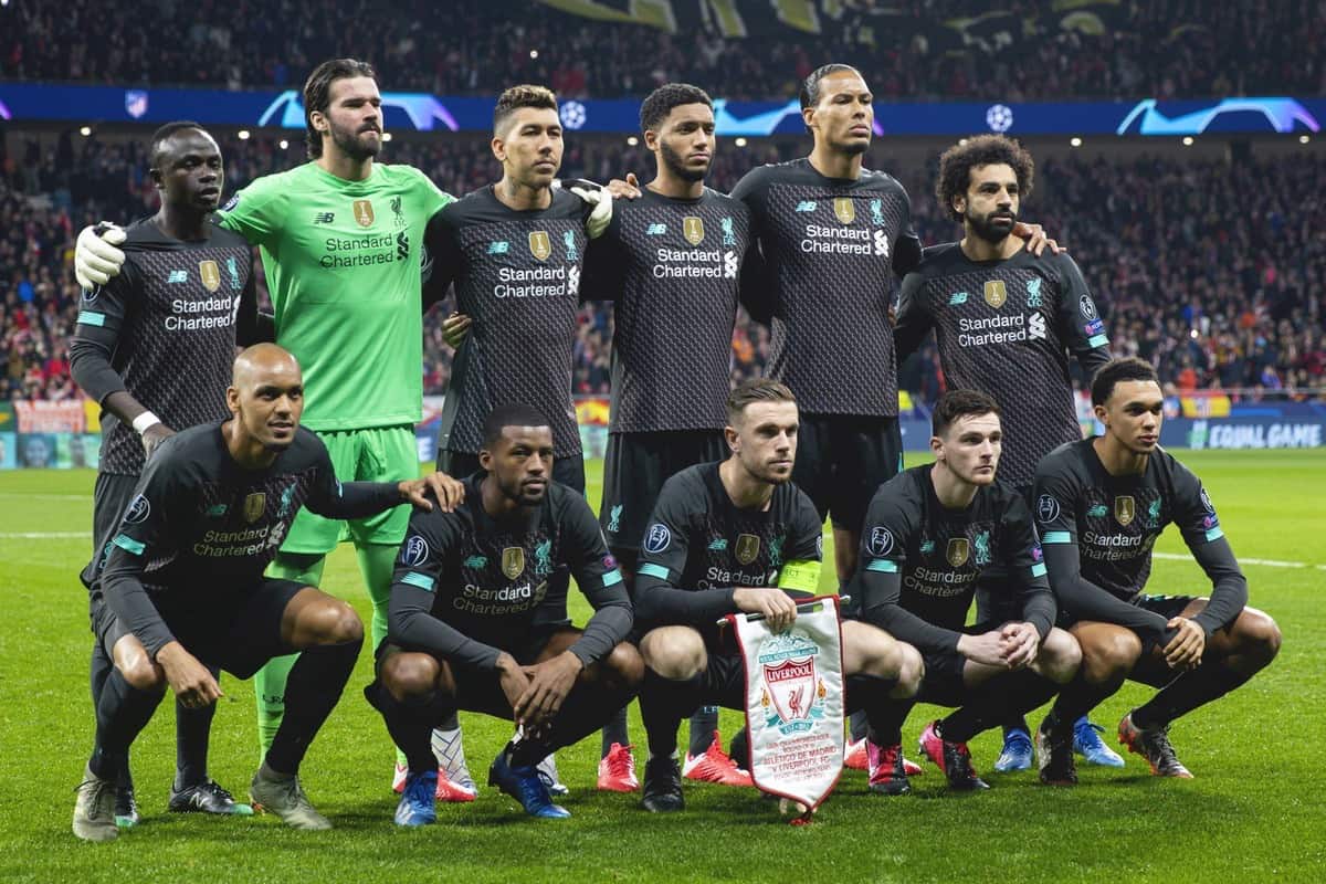 MADRID, SPAIN - Tuesday, February 18, 2020: Liverpool players line-up for a team group photograph before the UEFA Champions League Round of 16 1st Leg match between Club Atlético de Madrid and Liverpool FC at the Estadio Metropolitano. Back row L-R: Sadio Mané, goalkeeper Alisson Becker, Roberto Firmino, Joe Gomez, Virgil van Dijk, Mohamed Salah. Front row L-R: Fabio Henrique Tavares 'Fabinho', Georginio Wijnaldum, captain Jordan Henderson, Andy Robertson, Trent Alexander-Arnold. (Pic by David Rawcliffe/Propaganda)