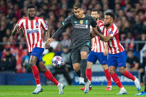 MADRID, SPAIN - Tuesday, February 18, 2020: Liverpool's Roberto Firmino during the UEFA Champions League Round of 16 1st Leg match between Club Atlético de Madrid and Liverpool FC at the Estadio Metropolitano. (Pic by David Rawcliffe/Propaganda)