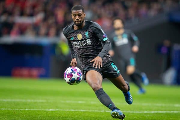 MADRID, SPAIN - Tuesday, February 18, 2020: Liverpool's Georginio Wijnaldum during the UEFA Champions League Round of 16 1st Leg match between Club Atlético de Madrid and Liverpool FC at the Estadio Metropolitano. (Pic by David Rawcliffe/Propaganda)