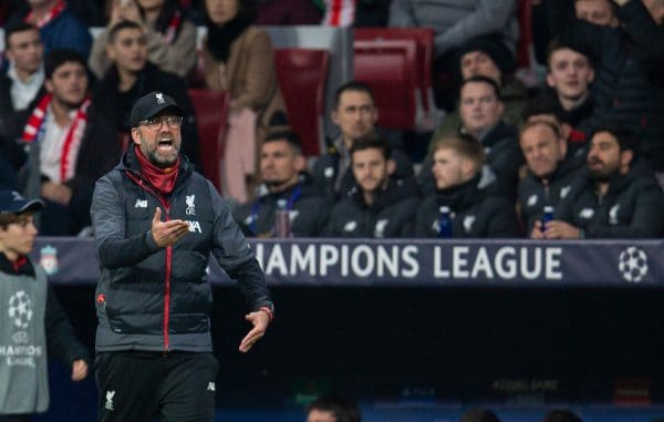 MADRID, SPAIN - Tuesday, February 18, 2020: Liverpool's manager Jürgen Klopp reacts during the UEFA Champions League Round of 16 1st Leg match between Club Atlético de Madrid and Liverpool FC at the Estadio Metropolitano. (Pic by David Rawcliffe/Propaganda)