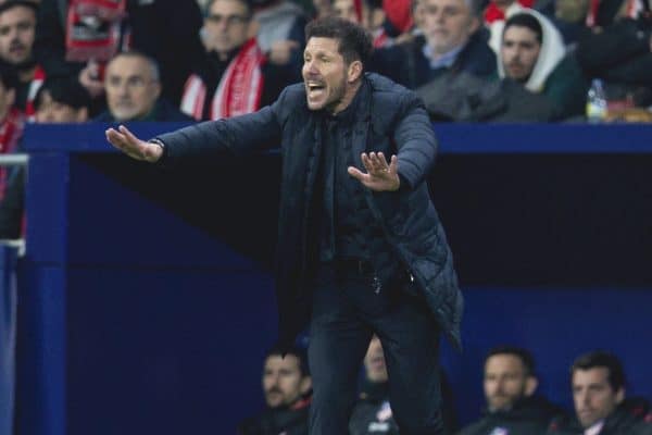 MADRID, SPAIN - Tuesday, February 18, 2020: Club Atlético de Madrid's head coach Diego Simeone reacts during the UEFA Champions League Round of 16 1st Leg match between Club Atlético de Madrid and Liverpool FC at the Estadio Metropolitano. (Pic by David Rawcliffe/Propaganda)