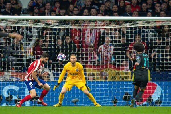 MADRID, SPAIN - Tuesday, February 18, 2020: Liverpool's Mohamed Salah sees his shot deflected over the bar during the UEFA Champions League Round of 16 1st Leg match between Club Atlético de Madrid and Liverpool FC at the Estadio Metropolitano. (Pic by David Rawcliffe/Propaganda)