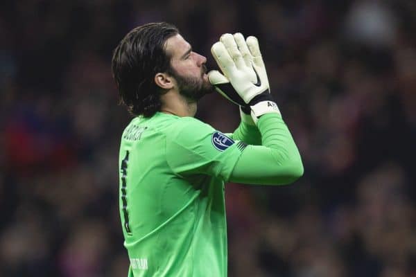 MADRID, SPAIN - Tuesday, February 18, 2020: Liverpool's goalkeeper Alisson Becker reacts during the UEFA Champions League Round of 16 1st Leg match between Club Atlético de Madrid and Liverpool FC at the Estadio Metropolitano. (Pic by David Rawcliffe/Propaganda)