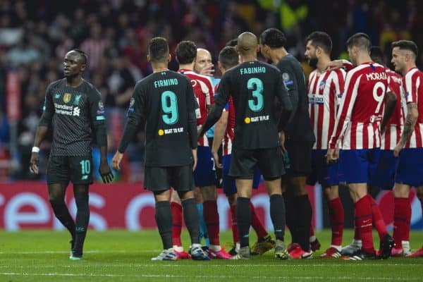 MADRID, SPAIN - Tuesday, February 18, 2020: Liverpool's Sadio Mané walks away as Club Atlético de Madrid players call for him to be sent off during the UEFA Champions League Round of 16 1st Leg match between Club Atlético de Madrid and Liverpool FC at the Estadio Metropolitano. (Pic by David Rawcliffe/Propaganda)