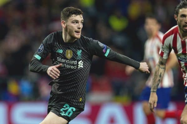 MADRID, SPAIN - Tuesday, February 18, 2020: Liverpool's Andy Robertson during the UEFA Champions League Round of 16 1st Leg match between Club Atlético de Madrid and Liverpool FC at the Estadio Metropolitano. (Pic by David Rawcliffe/Propaganda)