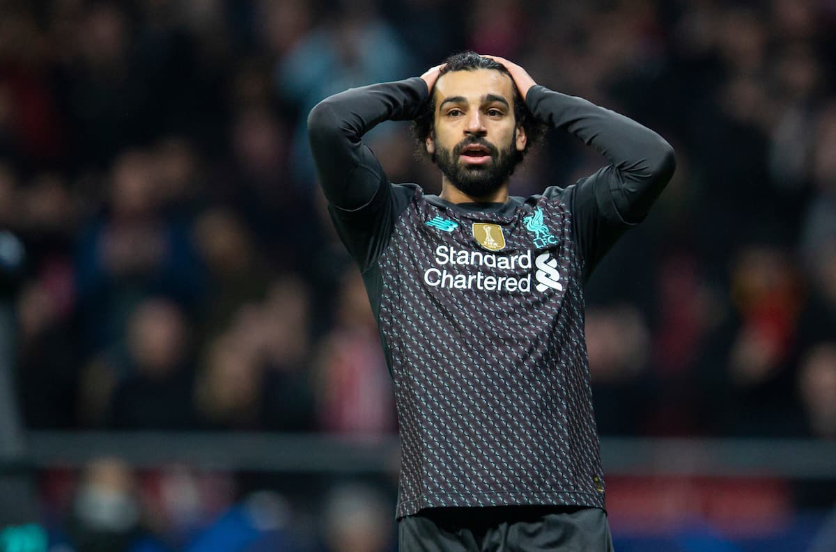 MADRID, SPAIN - Tuesday, February 18, 2020: Liverpool's Mohamed Salah looks dejected after missing a chance during the UEFA Champions League Round of 16 1st Leg match between Club Atlético de Madrid and Liverpool FC at the Estadio Metropolitano. (Pic by David Rawcliffe/Propaganda)