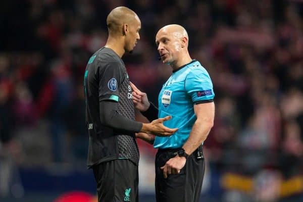 MADRID, SPAIN - Tuesday, February 18, 2020: Liverpool's Fabio Henrique Tavares 'Fabinho' is spoken to by referee Szymon Marciniak during the UEFA Champions League Round of 16 1st Leg match between Club Atlético de Madrid and Liverpool FC at the Estadio Metropolitano. (Pic by David Rawcliffe/Propaganda)