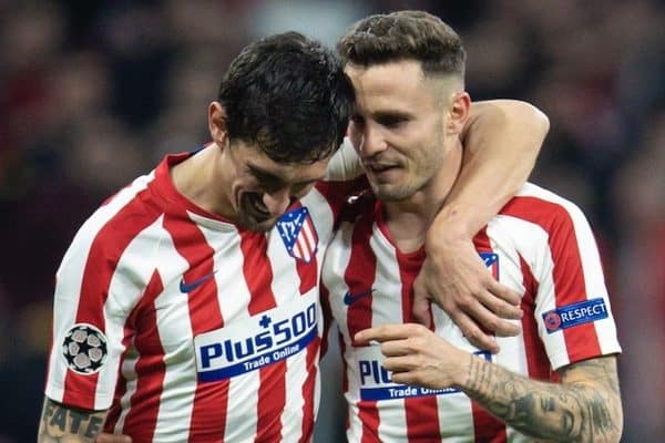 MADRID, SPAIN - Tuesday, February 18, 2020: Club Atlético de Madrid's goal-scorer Sau?l N?i?guez (R) celebrates with team-mate Stefan Savic? (L) after the UEFA Champions League Round of 16 1st Leg match between Club Atlético de Madrid and Liverpool FC at the Estadio Metropolitano. Club Atlético de Madrid won 1-0. (Pic by David Rawcliffe/Propaganda)