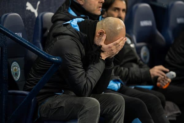 MANCHESTER, ENGLAND - Wednesday, February 19, 2020: Manchester City's manager Pep Guardiola on the bench before the FA Premier League match between Manchester City FC and West Ham United FC at the City of Manchester Stadium. (Pic by David Rawcliffe/Propaganda)