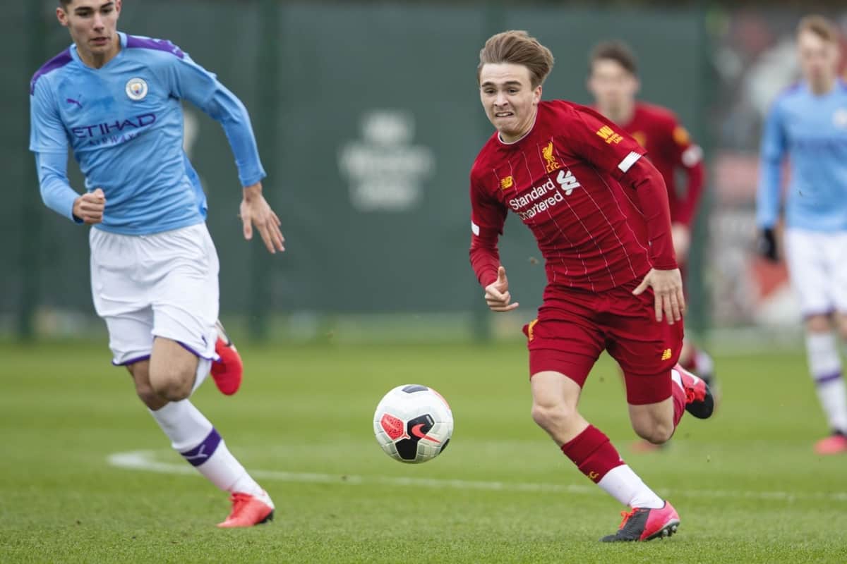 LIVERPOOL, ENGLAND - Saturday, February 22, 2020: Liverpool's James Norris during the Under-18 FA Premier League match between Liverpool FC and Manchester City FC at the Liverpool Academy. (Pic by David Rawcliffe/Propaganda)