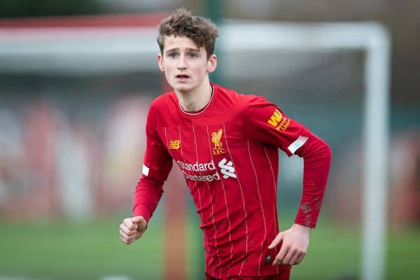 LIVERPOOL, ENGLAND - Saturday, February 22, 2020: Liverpool's Tyler Morton during the Under-18 FA Premier League match between Liverpool FC and Manchester City FC at the Liverpool Academy. (Pic by David Rawcliffe/Propaganda)
