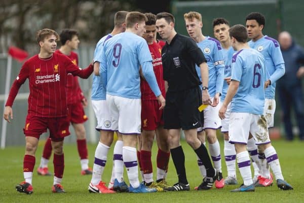 LIVERPOOL, ENGLAND - Saturday, February 22, 2020: Liverpool's James Norris during the Under-18 FA Premier League match between Liverpool FC and Manchester City FC at the Liverpool Academy. (Pic by David Rawcliffe/Propaganda)