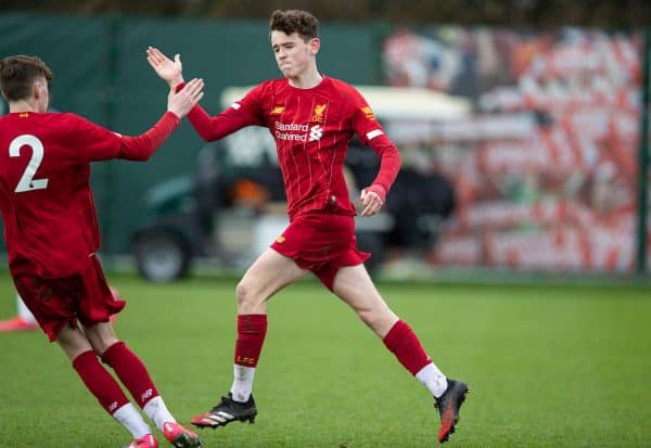 LIVERPOOL, ENGLAND - Saturday, February 22, 2020: Liverpool's Tom Hill celebrates after scoring his side's first goal during the Under-18 FA Premier League match between Liverpool FC and Manchester City FC at the Liverpool Academy. Liverpool lost 2-4. (Pic by David Rawcliffe/Propaganda)