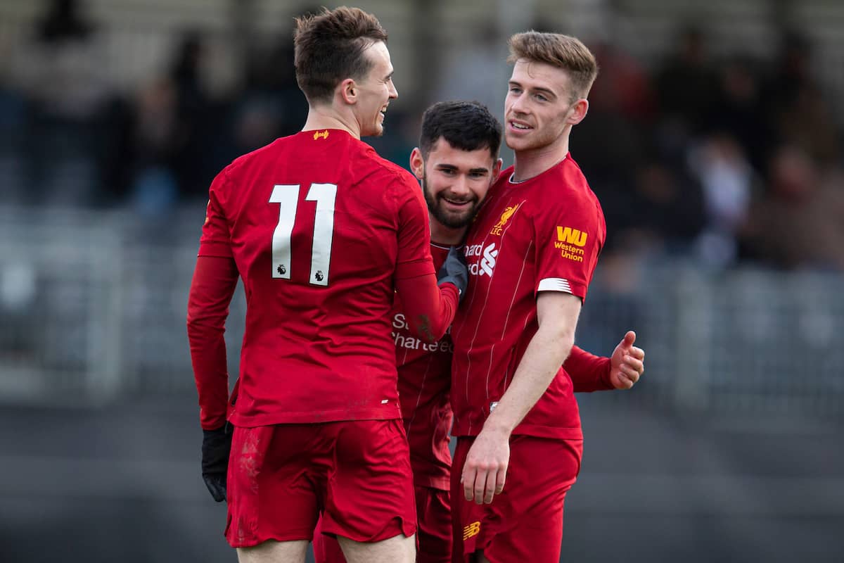 LIVERPOOL, ENGLAND - Monday, February 24, 2020: Liverpool's Joe Hardy (C) celebrates scoring the second goal with team-mates Liam Millar (L) and Tony Gallacher (R) during the Premier League Cup Group F match between Liverpool FC Under-23's and AFC Sunderland Under-23's at the Liverpool Academy. (Pic by David Rawcliffe/Propaganda)