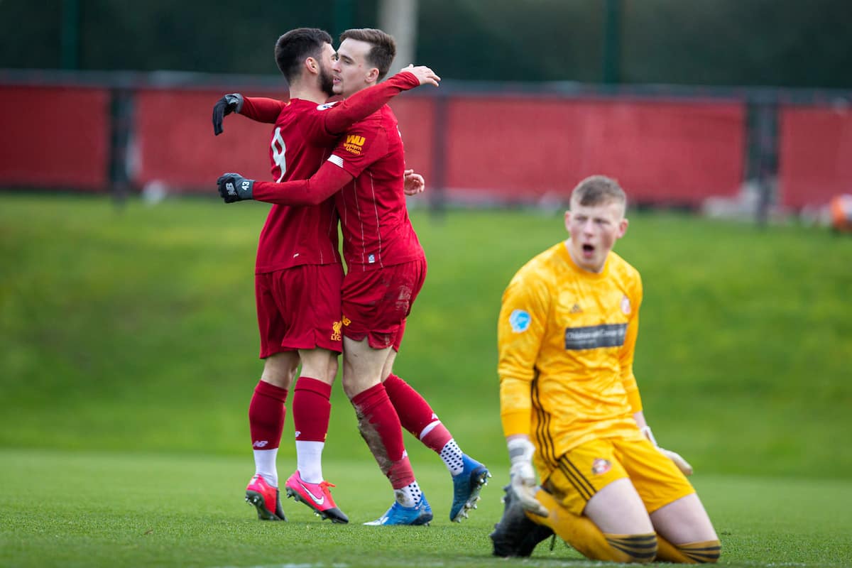 LIVERPOOL, ENGLAND - Monday, February 24, 2020: Liverpool's Liam Millar (C) celebrates scoring the first goal during the Premier League Cup Group F match between Liverpool FC Under-23's and AFC Sunderland Under-23's at the Liverpool Academy. (Pic by David Rawcliffe/Propaganda)