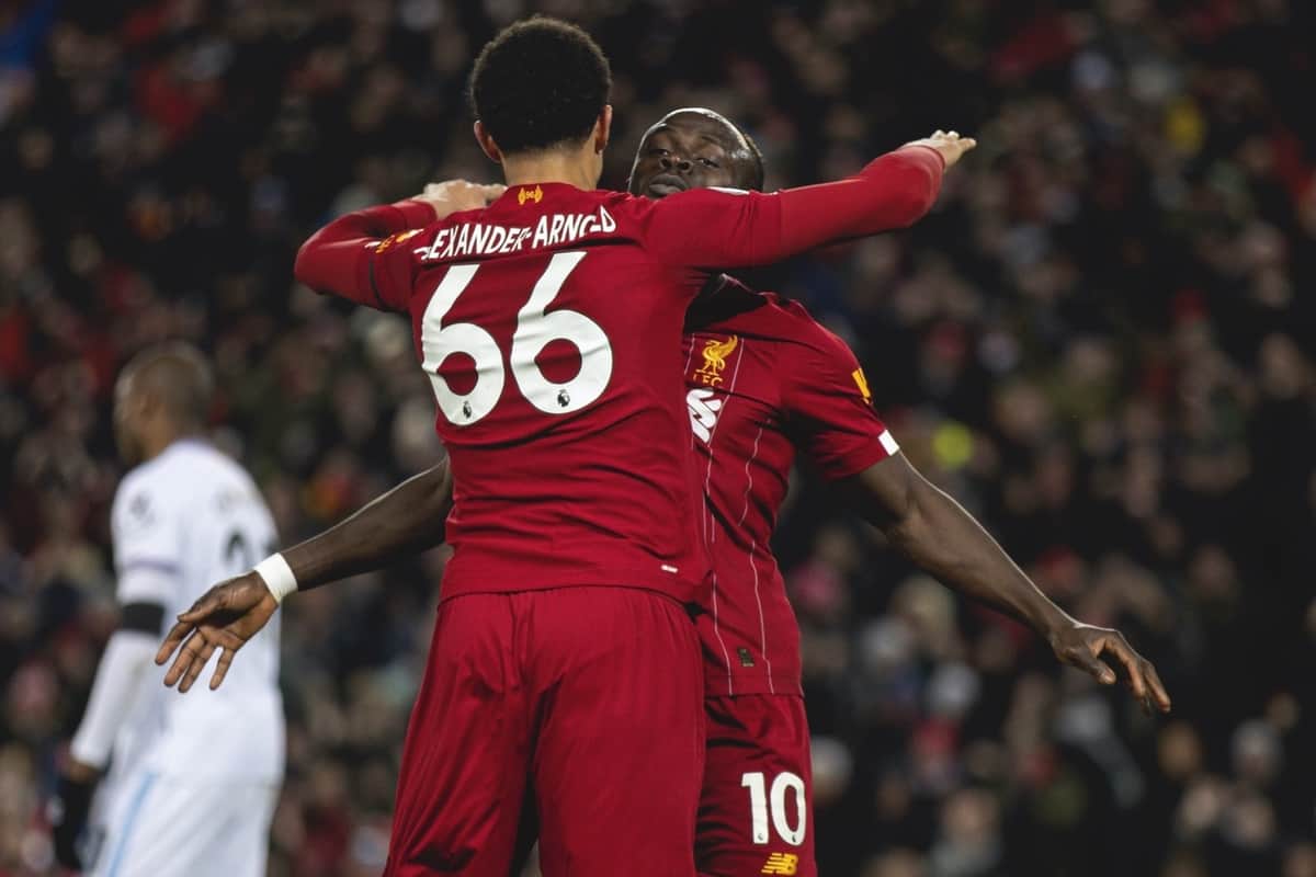 LIVERPOOL, ENGLAND - Monday, February 24, 2020: Liverpool's Sadio Mané celebrates scoring the third goal during the FA Premier League match between Liverpool FC and West Ham United FC at Anfield. (Pic by David Rawcliffe/Propaganda)