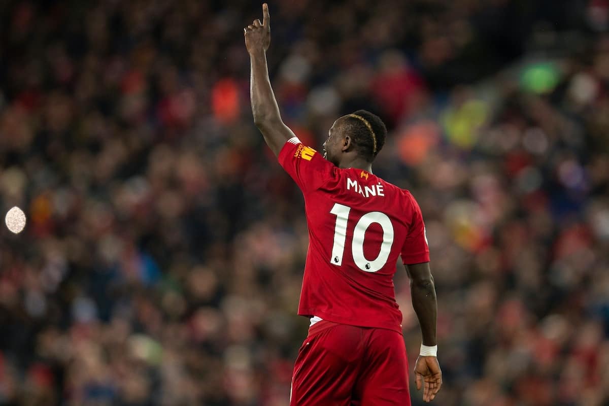 LIVERPOOL, ENGLAND - Monday, February 24, 2020: Liverpool's Sadio Mané celebrates scoring the third goal during the FA Premier League match between Liverpool FC and West Ham United FC at Anfield. (Pic by David Rawcliffe/Propaganda)