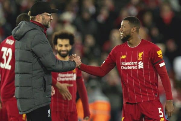 LIVERPOOL, ENGLAND - Monday, February 24, 2020: Liverpool's manager Jürgen Klopp celebrates with Georginio Wijnaldum after the FA Premier League match between Liverpool FC and West Ham United FC at Anfield. Liverpool won 3-2. (Pic by David Rawcliffe/Propaganda)