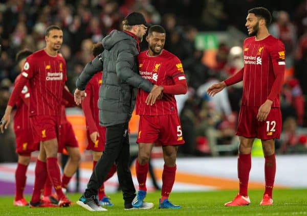 LIVERPOOL, ENGLAND - Monday, February 24, 2020: Liverpool's manager Jürgen Klopp celebrates with Georginio Wijnaldum after the FA Premier League match between Liverpool FC and West Ham United FC at Anfield. Liverpool won 3-2. (Pic by David Rawcliffe/Propaganda)