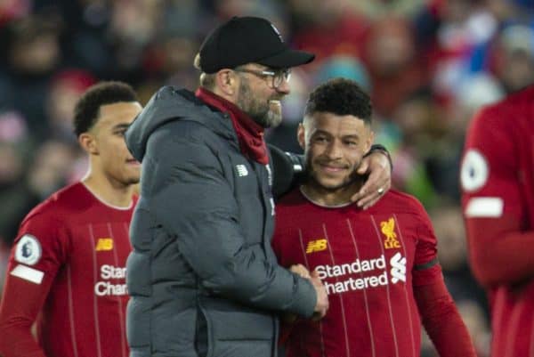 LIVERPOOL, ENGLAND - Monday, February 24, 2020: Liverpool's manager Jürgen Klopp celebrates with Alex Oxlade-Chamberlain after the FA Premier League match between Liverpool FC and West Ham United FC at Anfield. Liverpool won 3-2. (Pic by David Rawcliffe/Propaganda)